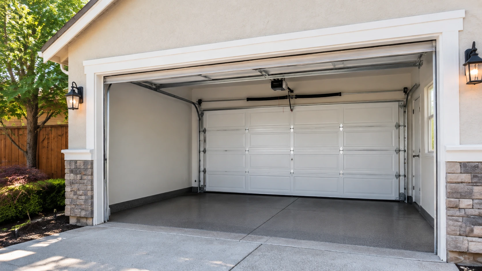 San Jose residential garage door installation with clean panels, aligned tracks, opener rail, and bottom seal.